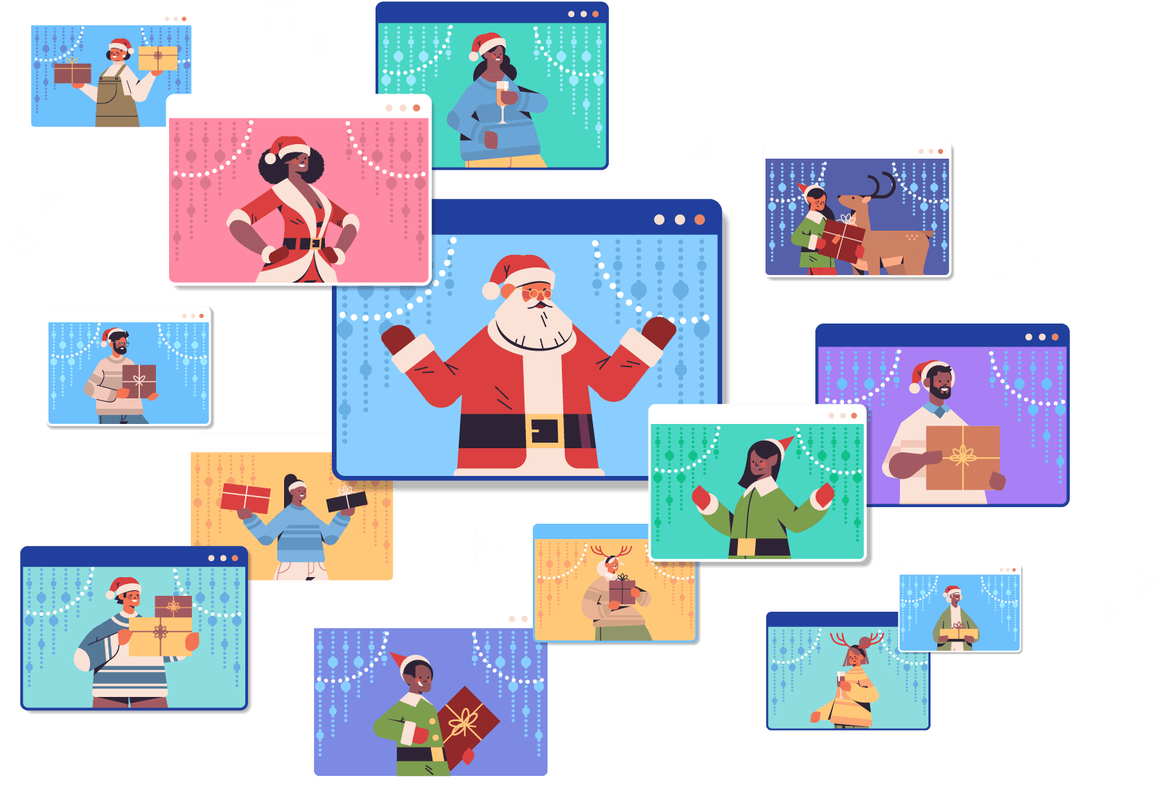 images of computer windows with people leaving a holiday message or having a virtual party